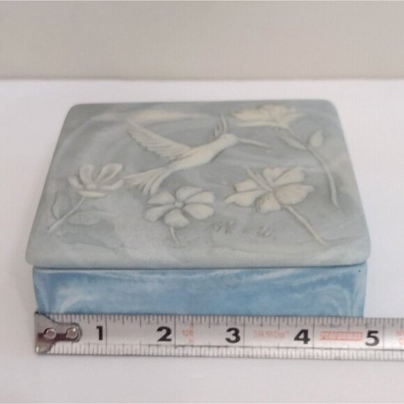 Vtg Signed Robert Nemith Hummingbird & Floral Inlay Blue Soapstone Trinket Box - Picture 9 of 10